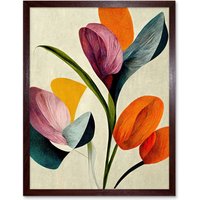 Artery8 Wall Art Print Spring Flowers Floral Bouquet Bold Abstract Boho Coral Mustard Art Framed in Brown | Size: W12" x H16"