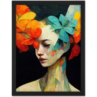 Artery8 Wall Art Print Orange Teal Yellow Floral Feminine Portrait Abstract Style Painting Large Framed Wall Dรฉcor Art in Brown | Size: W18" x H24"