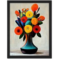 Artery8 Wall Art Print Midcentury Style Bright Floral Bouquet Flowers Painting Orange Yellow Red Turquoise Large Framed Wall Dรฉcor Art