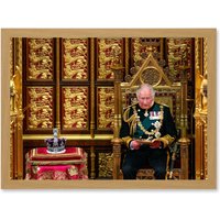 Artery8 King Charles III Third of England Scotland United Kingdom with Crown of Queen Elizabeth II Photo Artwork Framed Wall Art Print A4 in Light Oak