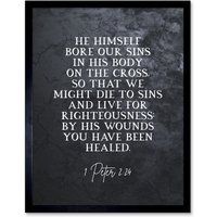 Artery8 Wall Art Print 1 Peter 2:24 He Himself Bore Our Sins Christian Bible Verse Quote Scripture Typography Art Framed in Black | Size: W12" x H16"