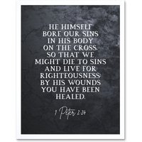 Artery8 Wall Art Print 1 Peter 2:24 He Himself Bore Our Sins Christian Bible Verse Quote Scripture Typography Art Framed in White | Size: W12" x H16"