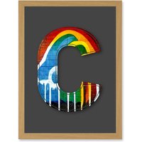 Artery8 Letter C Rainbow Red Yellow Blue Green Decorative Graffiti Mural Alphabet Initial Stencil Artwork Framed Wall Art Print A4 in Light Oak