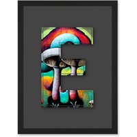 Artery8 Letter E Multicoloured Trippy Mushrooms Decorative Graffiti Mural Alphabet Initial Stencil Artwork Framed Wall Art Print A4 in Black