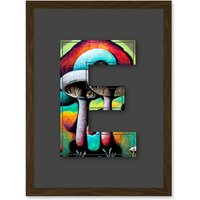 Artery8 Letter E Multicoloured Trippy Mushrooms Decorative Graffiti Mural Alphabet Initial Stencil Artwork Framed Wall Art Print A4 in Brown