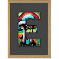 Artery8 Letter E Multicoloured Trippy Mushrooms Decorative Graffiti Mural Alphabet Initial Stencil Artwork Framed Wall Art Print A4 in Light Oak