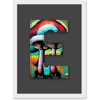 Artery8 Letter E Multicoloured Trippy Mushrooms Decorative Graffiti Mural Alphabet Initial Stencil Artwork Framed Wall Art Print A4 in White