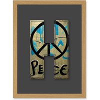 Artery8 Letter H Peace Sign Beige Black Decorative Graffiti Mural Alphabet Initial Stencil Artwork Framed Wall Art Print A4 in Light Oak