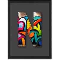 Artery8 Letter N Tagging Multicoloured Decorative Graffiti Mural Alphabet Initial Stencil Artwork Framed Wall Art Print A4 in Black