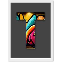Artery8 Letter T Tagging Bright Multicoloured Decorative Graffiti Mural Alphabet Initial Stencil Artwork Framed Wall Art Print A4 in White