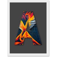 Artery8 Letter A Phoenix Rising Orange Decorative Graffiti Mural Alphabet Initial Stencil Artwork Framed Wall Art Print A4 in White