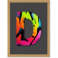 Artery8 Letter D Fluorescent Abstract Decorative Graffiti Mural Alphabet Initial Stencil Artwork Framed Wall Art Print A4 in Light Oak