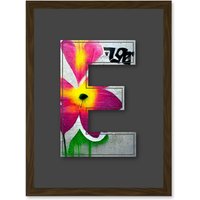 Artery8 Letter E Abstract Flower Grey Decorative Graffiti Mural Alphabet Initial Stencil Artwork Framed Wall Art Print A4 in Brown