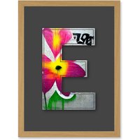 Artery8 Letter E Abstract Flower Grey Decorative Graffiti Mural Alphabet Initial Stencil Artwork Framed Wall Art Print A4 in Light Oak