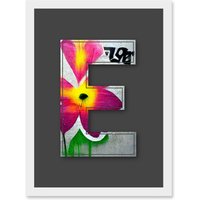 Artery8 Letter E Abstract Flower Grey Decorative Graffiti Mural Alphabet Initial Stencil Artwork Framed Wall Art Print A4 in White