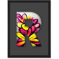 Artery8 Letter R Yellow Pink Flower Decorative Graffiti Mural Alphabet Initial Stencil Artwork Framed Wall Art Print A4 in Black