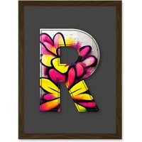 Artery8 Letter R Yellow Pink Flower Decorative Graffiti Mural Alphabet Initial Stencil Artwork Framed Wall Art Print A4 in Brown