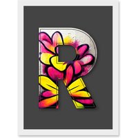 Artery8 Letter R Yellow Pink Flower Decorative Graffiti Mural Alphabet Initial Stencil Artwork Framed Wall Art Print A4 in White