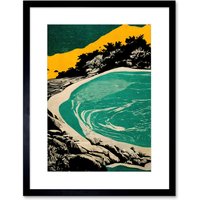 Artery8 Wall Art Print Beach Lagoon Abstract Marbled Seascape Mustard Teal Artwork Framed 9X7 Inch in Black | Size: W7" x H9"