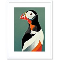 Artery8 Wall Art Print Bright Bold Colourful Atlantic Puffin Bird Portrait Artwork Framed 9X7 Inch in White | Size: W7" x H9"