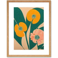 Artery8 Wall Art Print California Poppy Flower Blooms Turquoise Leaves Bright Artwork Framed 9X7 Inch in Beige | Size: W7" x H9"