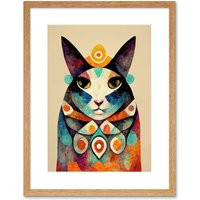 Artery8 Wall Art Print Quirky Boho Abstract Modern Shaman Guru Cat Artwork Framed 9X7 Inch in Beige | Size: W7" x H9"