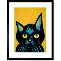 Artery8 Wall Art Print Quirky Bold Black Cat Yellow Blue Artwork Framed 9X7 Inch | Size: W7" x H9"