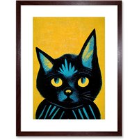Artery8 Wall Art Print Quirky Bold Black Cat Yellow Blue Artwork Framed 9X7 Inch in Brown | Size: W7" x H9"