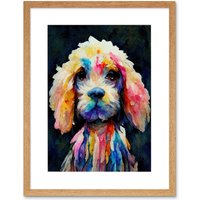 Artery8 Wall Art Print Bright Abstract Colourful Dog Spaniel Cavapoo Cockapoo Artwork Framed 9X7 Inch in Beige | Size: W7" x H9"