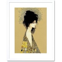 Artery8 Wall Art Print Klimt Style Woman in Multi Coloured Shawl Painting Artwork Framed 9X7 Inch in White | Size: W7" x H9"