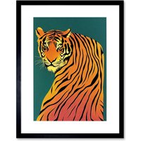 Artery8 Wall Art Print Modern Tiger Portrait on Teal Orange Bold Artwork Framed 9X7 Inch in Black | Size: W7" x H9"