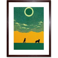 Artery8 Wall Art Print Abstract Wolves Minimalist Surreal Sky Green Yellow Artwork Framed 9X7 Inch in Brown | Size: W7" x H9"