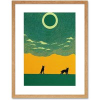 Artery8 Wall Art Print Abstract Wolves Minimalist Surreal Sky Green Yellow Artwork Framed 9X7 Inch in Beige | Size: W7" x H9"