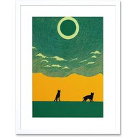 Artery8 Wall Art Print Abstract Wolves Minimalist Surreal Sky Green Yellow Artwork Framed 9X7 Inch in White | Size: W7" x H9"