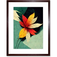 Artery8 Wall Art Print Abstract Flowers Teal Red Yellow Artwork Framed 9X7 Inch in Brown | Size: W7" x H9"