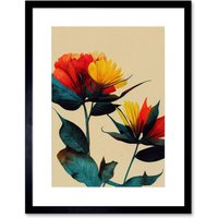 Artery8 Wall Art Print Botanical Bold Flowering Yellow Red Teal Artwork Framed 9X7 Inch in Black | Size: W7" x H9"