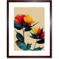 Artery8 Wall Art Print Botanical Bold Flowering Yellow Red Teal Artwork Framed 9X7 Inch in Brown | Size: W7" x H9"