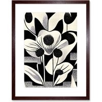 Artery8 Wall Art Print Monochrome Black White Abstract Retro Flower Pattern Artwork Framed 9X7 Inch in Brown | Size: W7" x H9"