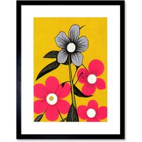 Artery8 Wall Art Print Bold Flowers Linocut Pink & Mustard Yellow Artwork Framed 9X7 Inch in Black | Size: W7" x H9"