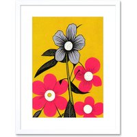 Artery8 Wall Art Print Bold Flowers Linocut Pink & Mustard Yellow Artwork Framed 9X7 Inch in White | Size: W7" x H9"