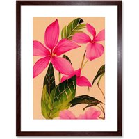 Artery8 Wall Art Print Exotic Pink Plumeria Flower Plant Blooms Watercolour Pencil Artwork Framed 9X7 Inch in Brown | Size: W7" x H9"