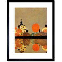 Artery8 Wall Art Print Gustav Klimt Style Autumn Lakeside Town Church Reflection Artwork Framed 9X7 Inch in Black | Size: W7" x H9"