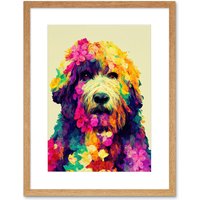 Artery8 Wall Art Print Colourful Vibrant Floral Labradoodle Dog Abstract Portrait Artwork Framed 9X7 Inch in Beige | Size: W7" x H9"