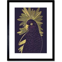 Artery8 Wall Art Print Detailed Stylish Dark Deep Purple Yellow Gold Parrot Tropical Plant Artwork Framed 9X7 Inch in Black | Size: W7" x H9"