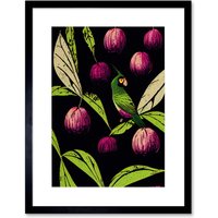 Artery8 Wall Art Print Parrot in Tree Fruit Bright Green & Purple Black Colour Linocut Modern Vintage Artwork Framed 9X7 Inch | Size: W7" x H9"