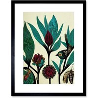 Artery8 Wall Art Print Abstract Folk Art Leaves Flowers Birds Vintage Style Green Burgundy Cream Black Artwork Framed 9X7 Inch | Size: W7" x H9"