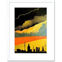 Artery8 Wall Art Print Modern Black Yellow Orange Linocut London Skyline Cityscape Storm Lightning Artwork Framed 9X7 Inch in White | Size: W7" x H9"