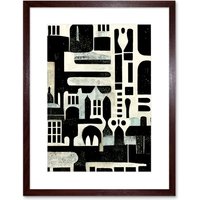 Artery8 Wall Art Print Bold Monochrome Modern Vintage Abstract Geometric Black White Cream Grey Artwork Framed 9X7 Inch in Brown | Size: W7" x H9"