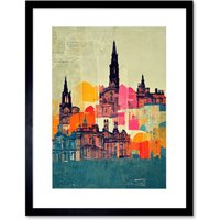 Artery8 Wall Art Print Boho Abstract Multi Coloured Cityscape Skyline Painting Folk Artwork Framed 9X7 Inch in Black | Size: W7" x H9"