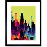 Artery8 Wall Art Print New York Vibrant Multi Coloured Graphic Design Skyscraper Cityscape Silhouette Artwork Framed 9X7 Inch | Size: W7" x H9"